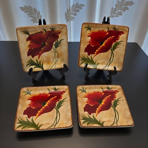 Pier 1 Imports Set/4 Poppies Hand-Painted Earthenware 6" Square Appetizer Plates - Picture 1 of 16
